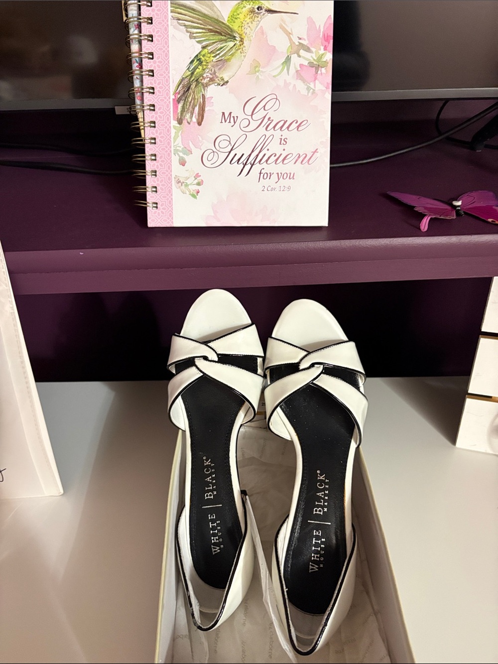 White House Black Market White and Black Leather Peep-Toe Slingback Heels